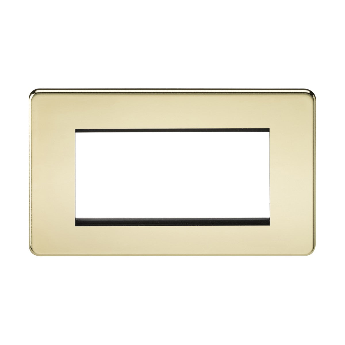 The 4 Gang Modular Faceplate in Polished Brass offers a stylish, seamless appearance with its rectangular design and central rectangular cutout, compatible with multiple switches or outlets. Its smooth, glossy finish enhances the screwless design.