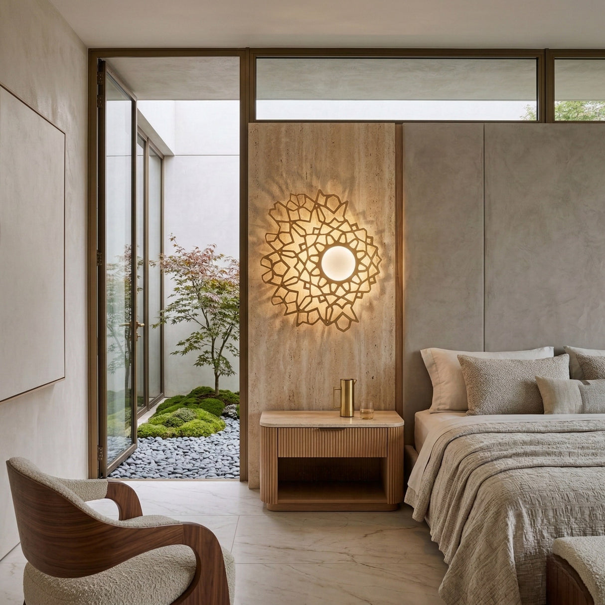 Modern bedroom with neutral tones, a stylish chair, and beige bedding. Above the bedside table, the Notredame LED Small Wall Light in Gold adds elegance. Glass doors lead to a tranquil garden with rocks and plants.