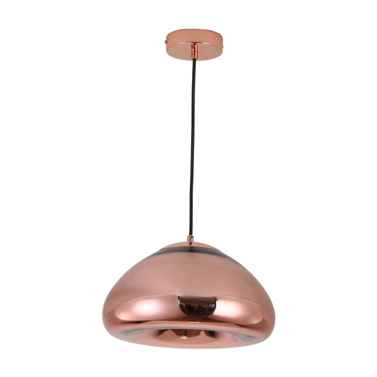 The Gulf Glass Pendant Light - Copper showcases a sleek, dome-shaped copper shade suspended from a black cord and matching round ceiling mount, offering a modern lighting solution for your space.