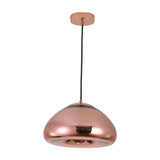 The Gulf Glass Pendant Light - Copper showcases a sleek, dome-shaped copper shade suspended from a black cord and matching round ceiling mount, offering a modern lighting solution for your space.