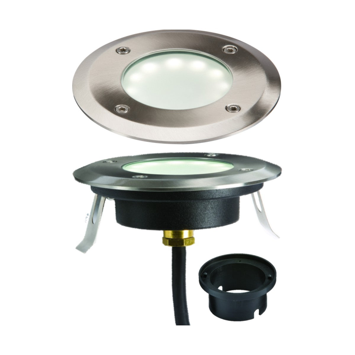 The Outdoor 1.7W LED White Ground/Deck Light - 4000K features a round, stainless steel design with a glass cover and an IP65 rating for durability. It is presented from multiple angles to emphasize its circular form and mounting bracket, with a black cable extending from the bottom for easy installation.