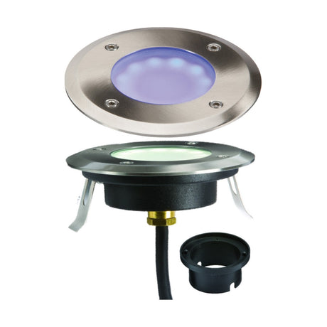 The Outdoor 1.7W Blue LED Deck Light is showcased, featuring a recessed round design with a durable 316 stainless steel bezel, a bright blue center, a detached mounting bracket, and necessary wiring. This LED fixture is IP65 rated for weather resistance and durability.