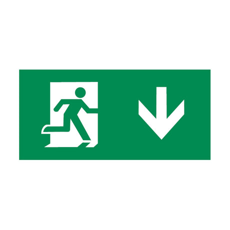 The Running Man Arrow Down (Kit Of 2) For EM Range includes emergency exit signs featuring a white figure running through a door on a green background, crafted from durable polycarbonate and prominently displaying a white arrow pointing downward.