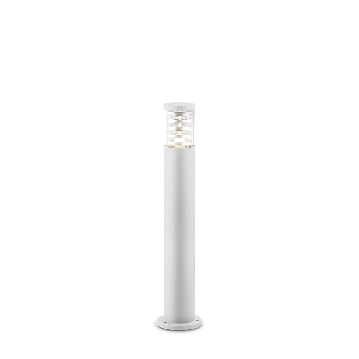 The Luminis Outdoor Bollard Light - White, 80cm is a sleek and modern fixture crafted from die-cast aluminum. It features a cylindrical design in a white finish, and its top section includes a Pyrex glass diffuser that elegantly showcases the internal light fixture against a simple white background.