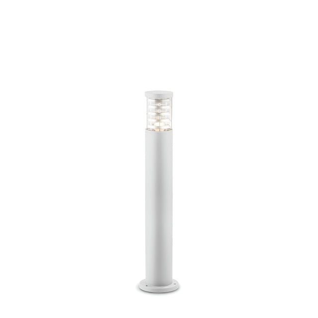 The Luminis Outdoor Bollard Light - White, 80cm is a sleek and modern fixture crafted from die-cast aluminum. It features a cylindrical design in a white finish, and its top section includes a Pyrex glass diffuser that elegantly showcases the internal light fixture against a simple white background.