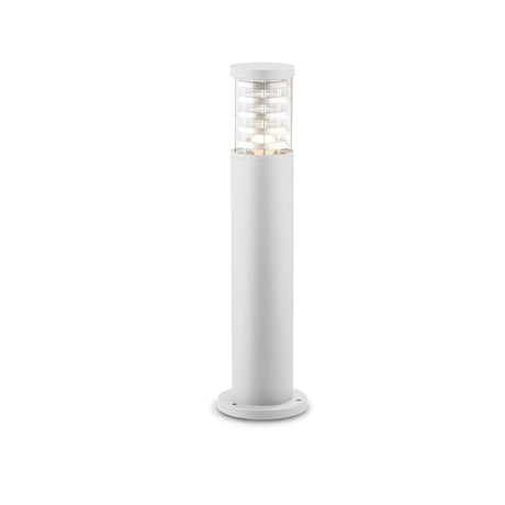 The Luminis Outdoor Bollard Light features a sleek, modern design with a cylindrical shape and a transparent Pyrex glass diffuser for illumination. It stands on a round base, making it perfect for enhancing garden lighting with its smooth, white metallic finish. The light measures 60cm in height.