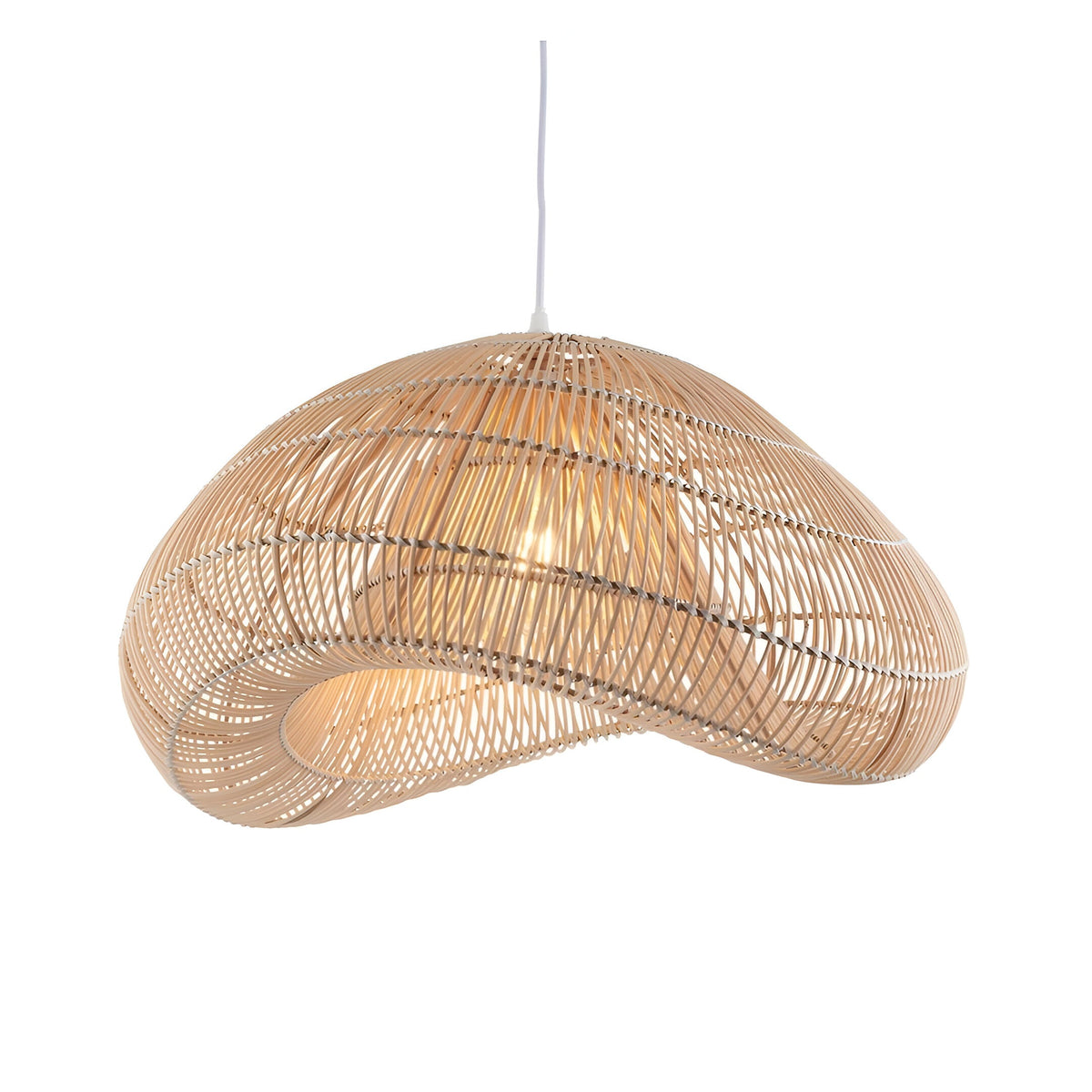 Endon Carlmere pendant shade in natural rattan, hand woven in a soft cloud shape with open weave, suspended from a white cable on a plain background.