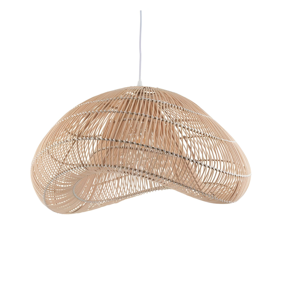 Endon Carlmere cloud-shaped pendant shade hand woven from natural rattan, suspended from a white cable on a plain background.