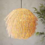Chartleigh Pendant Shade in Natural rattan, a domed fixture with layered fringe-like strands diffusing warm light, shown lit against a wall.