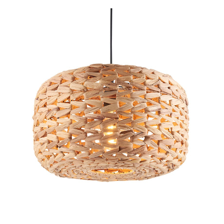 Endon Cranley pendant shade in natural handwoven rattan with a soft rounded drum shape and open weave, shown lit on a plain white background.