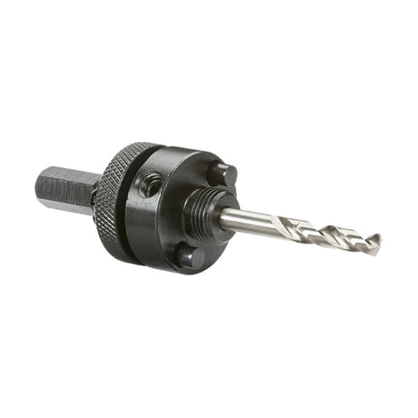 Introducing the A2 Size Arbor With Pilot Drill Bit: This tool showcases a black ridged cylindrical base secured with two screws and is complemented by a shiny silver spiral pilot drill bit. It is displayed diagonally against a white background.