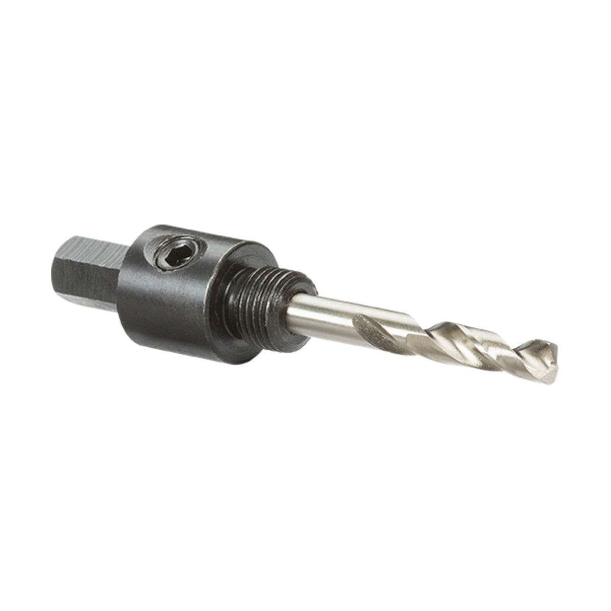 The A4 Size Arbor With Pilot Drill Bit is a tool featuring a hex arbor shank and central pilot drill bit. It has a cylindrical body with a side screw for attachment, designed to securely hold holesaws for cutting holes in various materials.