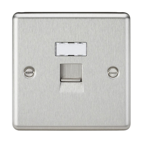 The RJ45 Network Outlet - Brushed Chrome (Rounded Edge) includes a CAT5e RJ45 port, two visible screws, a clear label slot, and a central opening for a phone connector.