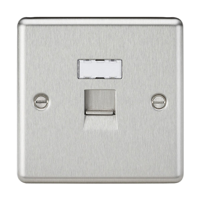 The RJ45 Network Outlet - Brushed Chrome (Rounded Edge) includes a CAT5e RJ45 port, two visible screws, a clear label slot, and a central opening for a phone connector.