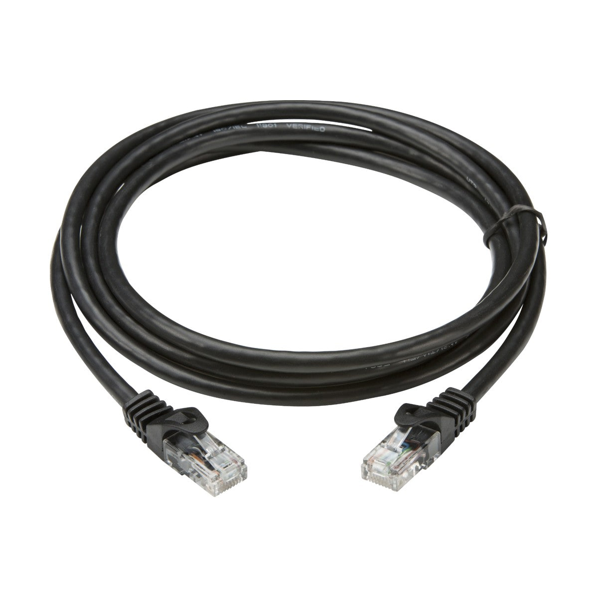 The 5m UTP CAT6 Networking Cable in black, featuring two transparent RJ45 connectors at each end, is displayed against a plain white background, providing reliable Gigabit Ethernet network connectivity.