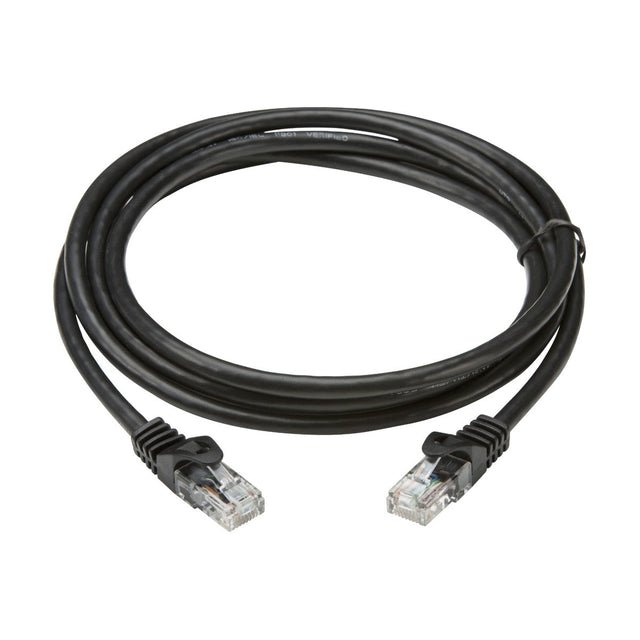 The 5m UTP CAT6 Networking Cable in black, featuring two transparent RJ45 connectors at each end, is displayed against a plain white background, providing reliable Gigabit Ethernet network connectivity.