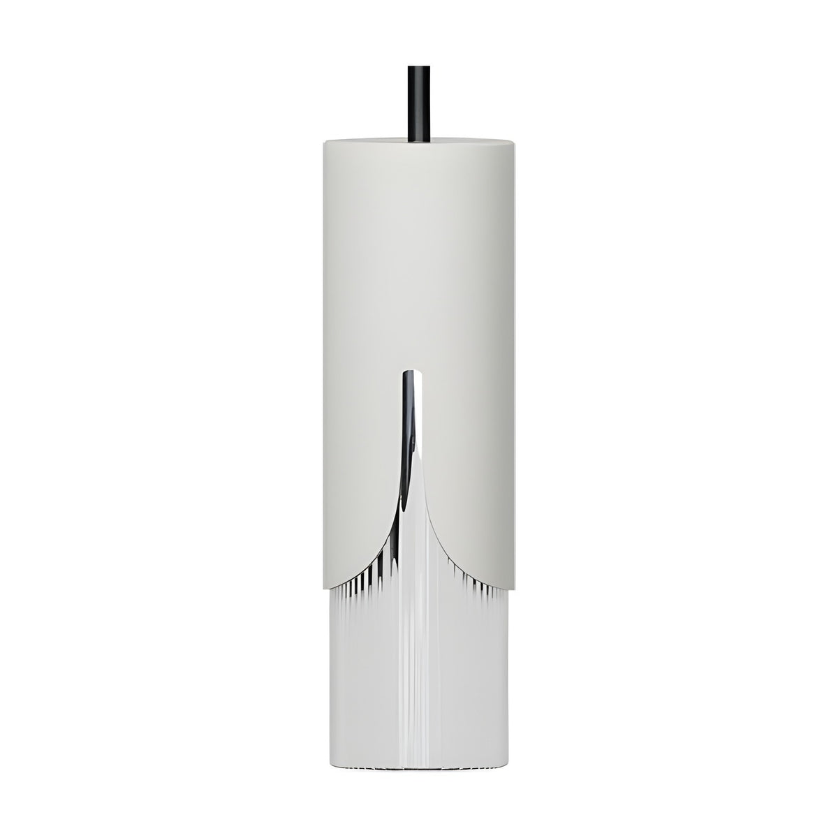 Bisel Cylinder Glass Pendant Light in matt white, a slim iron cylinder with a slotted lower edge revealing a fluted glass section, hung on a black cable against a plain white background.