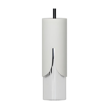 Bisel Cylinder Glass Pendant Light in matt white, a slim iron cylinder with a slotted lower edge revealing a fluted glass section, hung on a black cable against a plain white background.