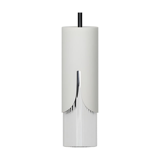 Bisel Cylinder Glass Pendant Light in matt white, a slim iron cylinder with a slotted lower edge revealing a fluted glass section, hung on a black cable against a plain white background.