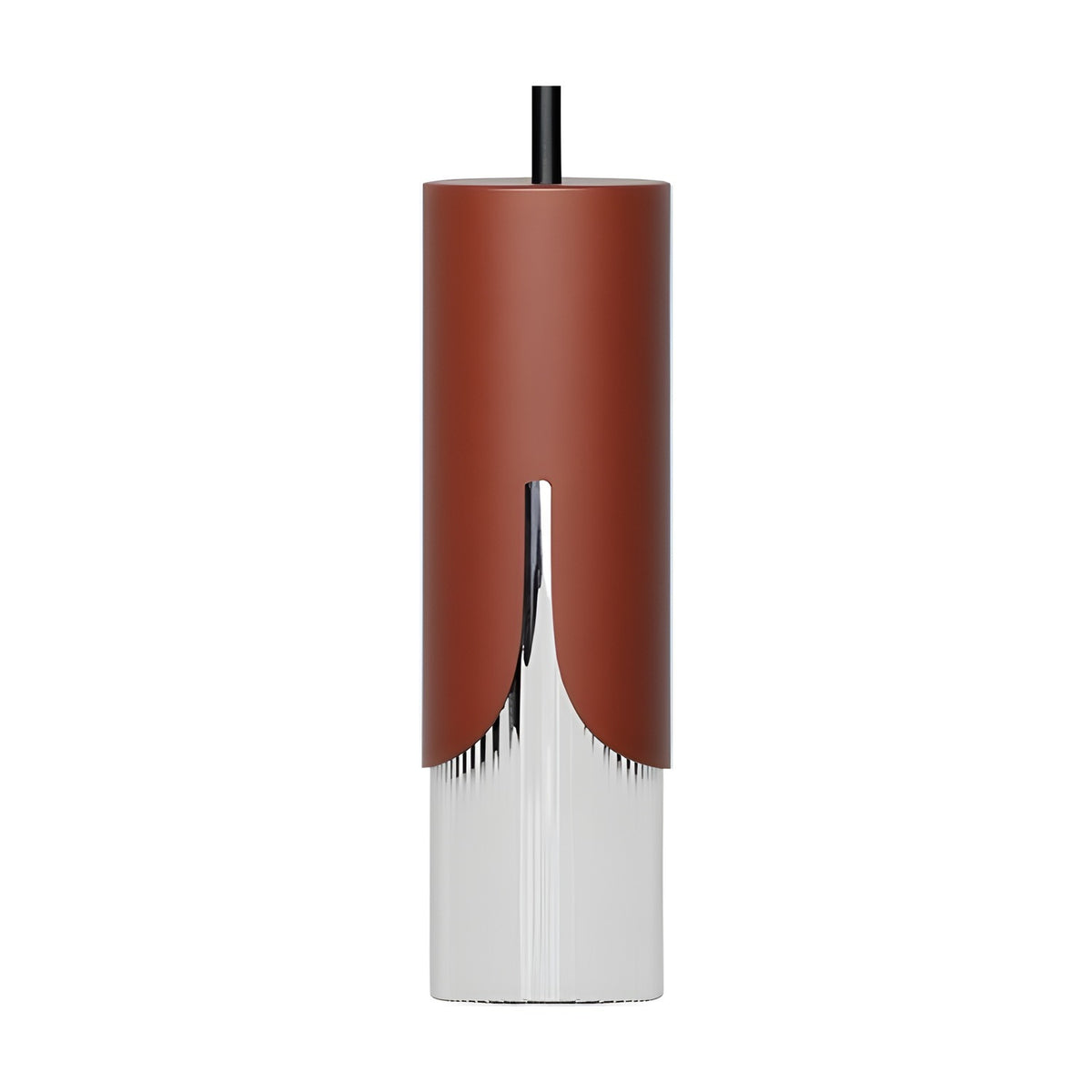 Bisel Cylinder Glass Pendant Light in matt terracotta, a slim glass-and-iron column with ribbed clear glass base and tapering cut-away detail, shown on a plain white background.