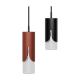 Bisel cylinder pendant lights in matt terracotta and matt black, with ribbed glass bases and black cables, shown side by side on a white background.