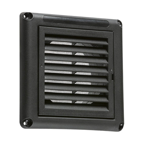 The 4 Inch Extractor Fan Vent With Flyscreen - Black is a louvered vent featuring horizontal slats, suitable for wall or ceiling installation. It includes an integral mesh screen and four corner mounting holes, making it ideal for a 4 inch/100mm fan setup.