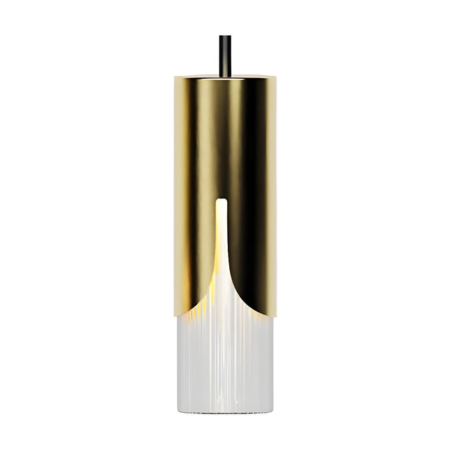 Bisel Cylinder Glass Pendant Light in gold, a slim iron cylinder with a narrow front slot revealing ribbed clear glass below, on a plain white background.