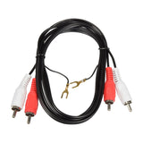 AV:Link twin RCA phono cable, 1.2m, coiled black lead with red and white RCA plugs at each end and gold spade ground wire terminals, on white.
