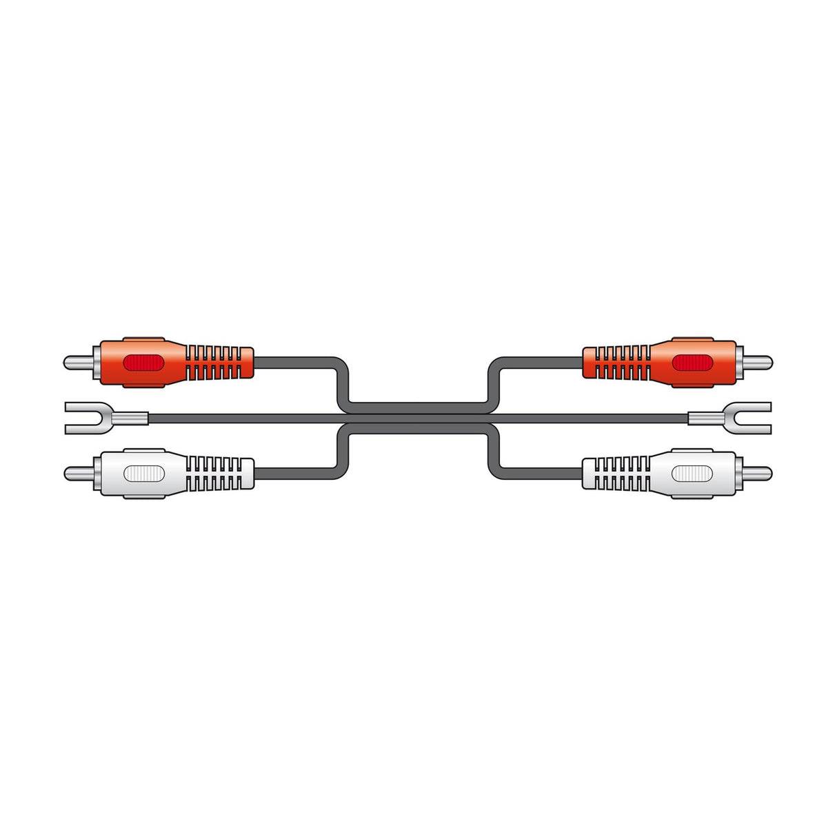 AV:Link twin RCA phono cable with red and white plugs at each end and a separate ground wire with spade terminals, shown on a plain white background.