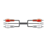 AV:Link twin RCA phono cable with red and white plugs at each end and a separate ground wire with spade terminals, shown on a plain white background.