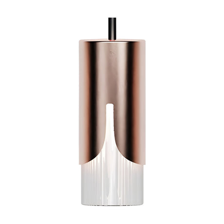 Bisel Cylinder Glass Pendant Light in Copper, a slim iron cylinder shade with an arched cut-out revealing a ribbed glass diffuser, shown on a plain white background.
