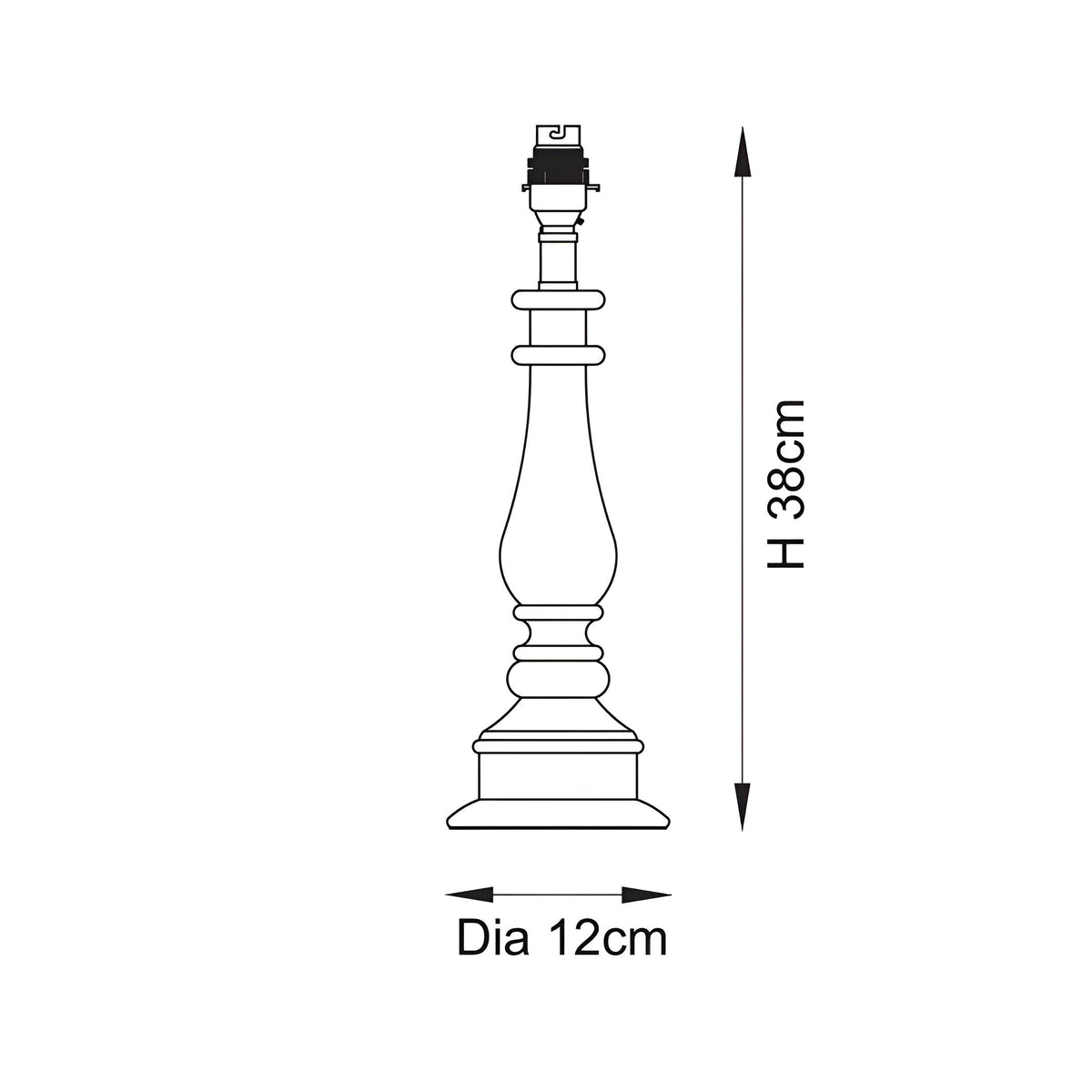 Dimension diagram of the Endon Carlworth table lamp base showing a turned spindle shape, 380mm height and 120mm diameter, on a white background.
