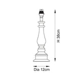 Dimension diagram of the Endon Carlworth table lamp base showing a turned spindle shape, 380mm height and 120mm diameter, on a white background.