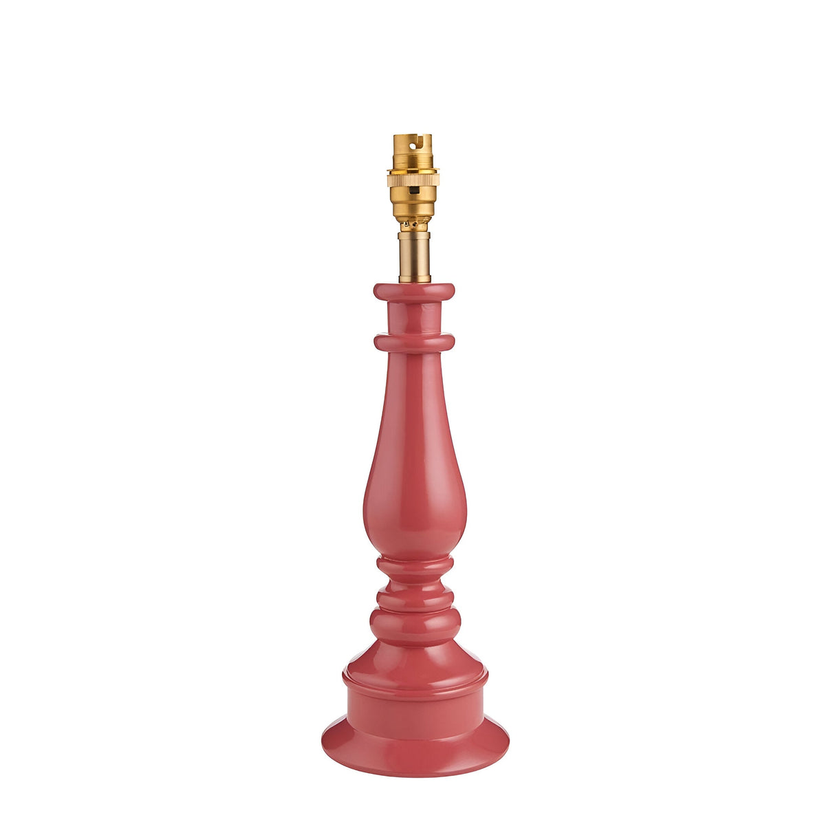 Endon Carlworth table lamp base in high gloss pink turned spindle resin with brass B22 lamp holder, shown on a plain white background.