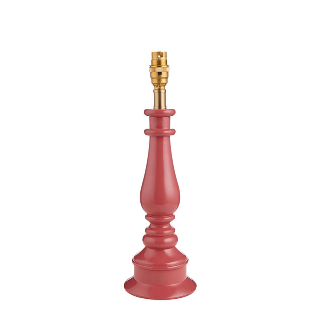 Endon Carlworth table lamp base in high gloss pink turned spindle resin with brass B22 lamp holder, shown on a plain white background.