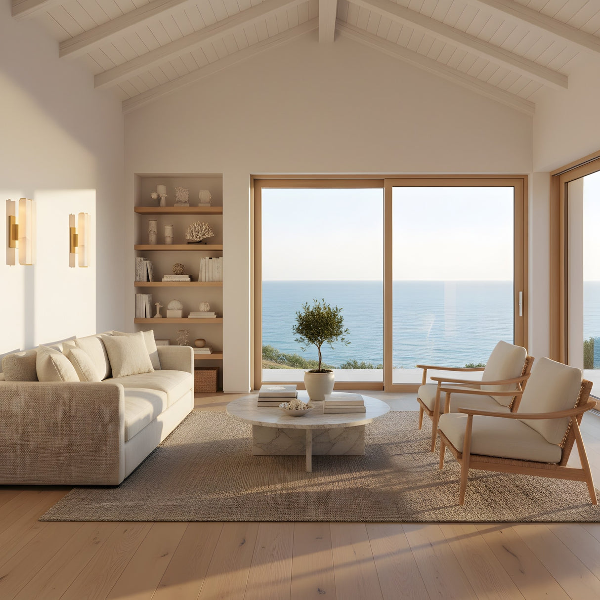 A bright, minimalist living room with light wood floors, a beige sofa, round coffee table, and ocean-view windows is softly illuminated by the Selvara LED Small Alabaster Double Wall Light in Brushed Brass & Soft White.