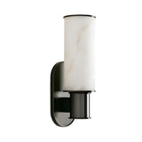 The Lumara 1 Light Tube Alabaster Wall Light in soft white and matte black features a cylindrical alabaster shade and sleek black base on an oval plate, adding modern elegance to any space.