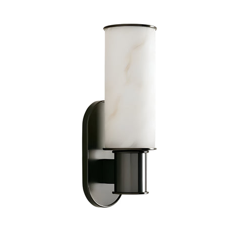 The Lumara 1 Light Tube Alabaster Wall Light in soft white and matte black features a cylindrical alabaster shade and sleek black base on an oval plate, adding modern elegance to any space.