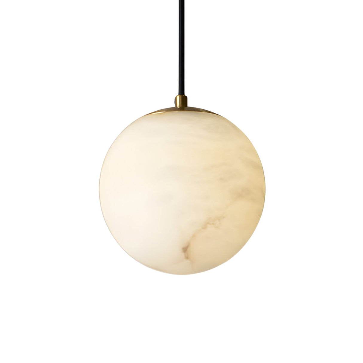 The Lyvane 1 Light Extra Small Globe Alabaster Single Pendant Light in Soft White features a round, cream-toned marbled surface and hangs from a black cord against a white background.
