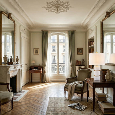 Elegant living room with tall windows, ornate ceiling, mirrors, and classic furniture. The Valma 1 Light Architectural Band Marble Table Lamp in Soft White & Brass sits on a side table beside an armchair and open book atop a patterned rug, creating cozy sophistication.