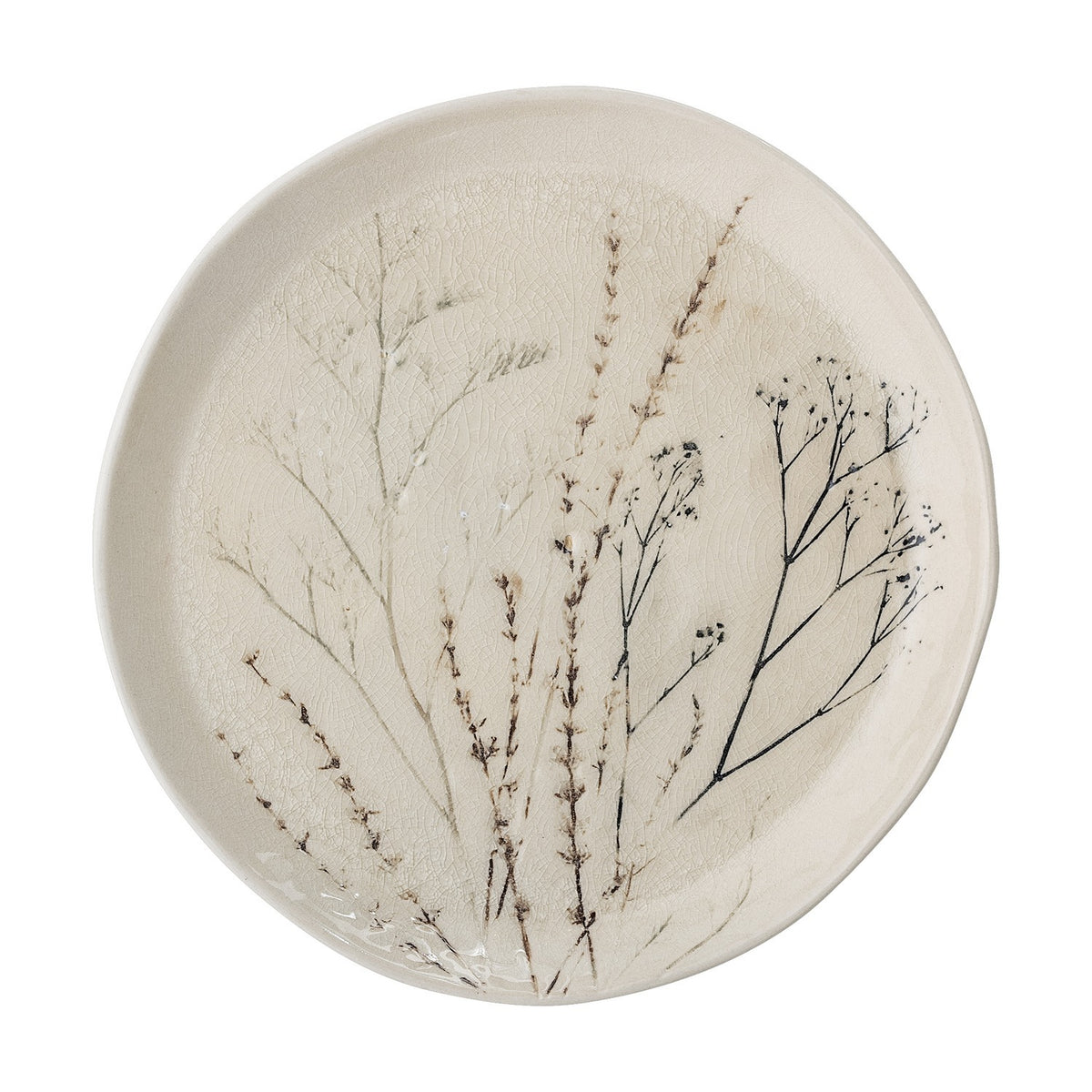 Bea Crackle Stoneware Dinner Plate in cream, round with a gently irregular rim, glossy crackle glaze, and botanical wild grass and stem motifs, shown on a plain white background.