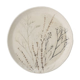 Bea Crackle Stoneware Dinner Plate in cream, round with a gently irregular rim, glossy crackle glaze, and botanical wild grass and stem motifs, shown on a plain white background.