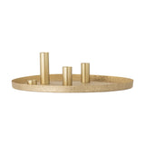 Maxime Iron Christmas Candle Holders Set of 7 in gold, featuring a round textured tray with raised rim and four cylindrical holders of varying heights, on a plain white background.