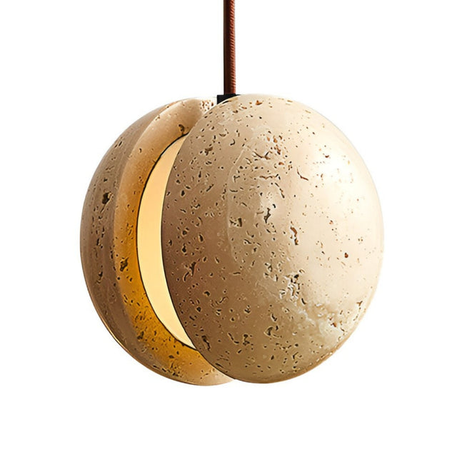The Zanvera 1 Light Split Orb Travertine Single Pendant Light in light beige features a stone-textured finish and warm inner glow, suspended from a brown cord against a white background.