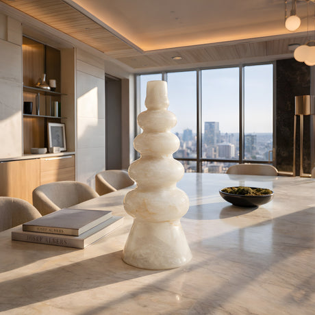 A modern white stone vase sits on a marble table beside the Virelle LED Totem Alabaster Table Lamp – Soft White in a bright room with city views. Books and a decorative bowl complete the tabletop arrangement.