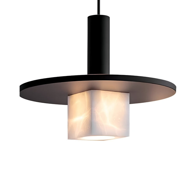 The Norevia 1 Light Cube Wide Alabaster Single Pendant Light features a matte black wide shade and a central soft white alabaster cube diffuser for a modern, warm glow.