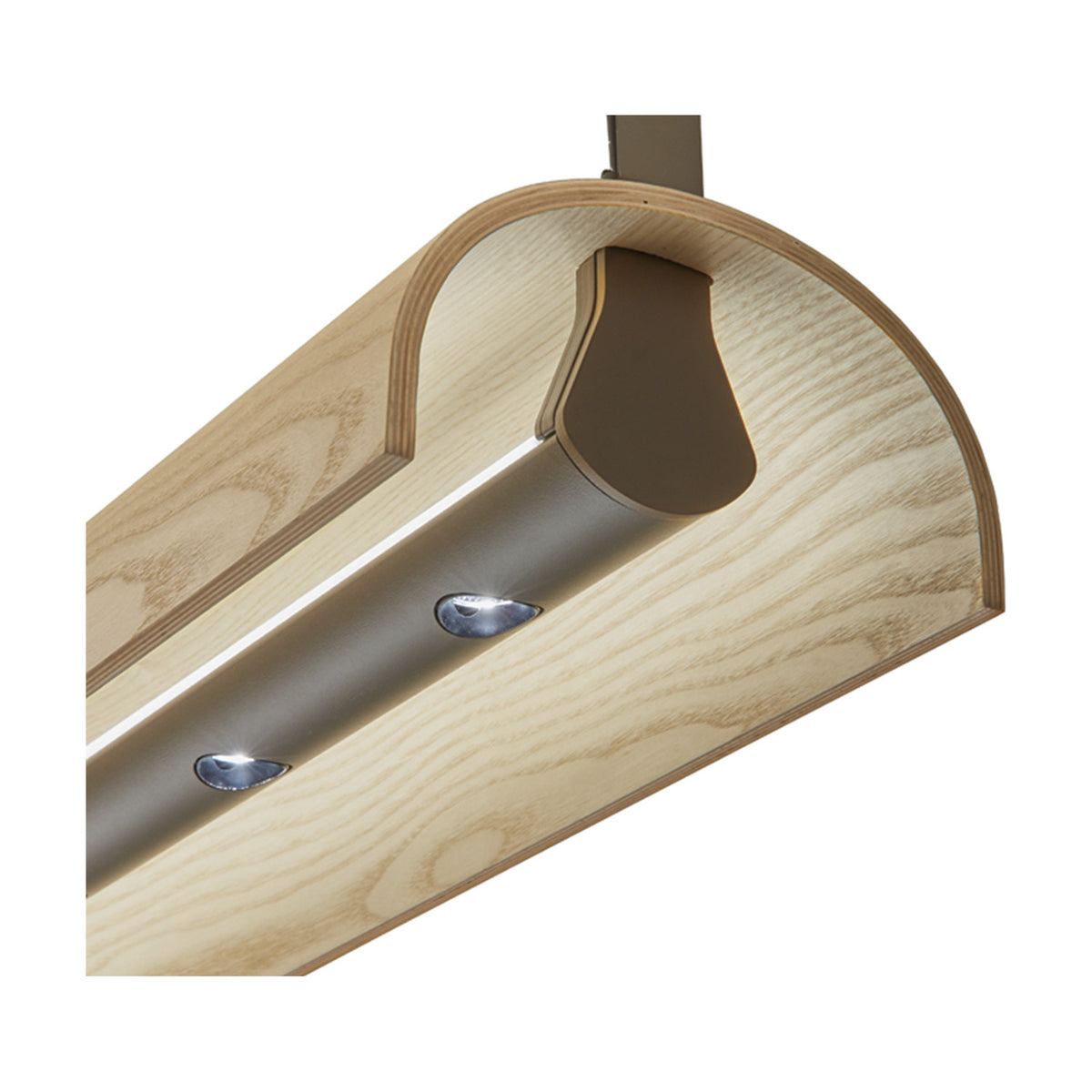 Close-up of the Aluet S/100 wood LED pendant light, a linear half-round shade in Beige & Ash Wood with visible integrated LED strip and recessed downlights along a grey metal channel.