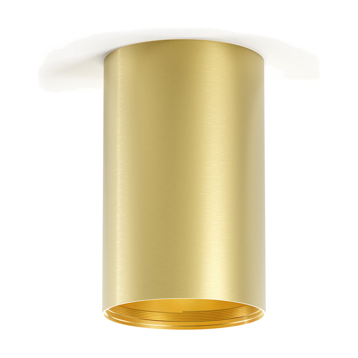 432 Ways Cylinder LED Ceiling Light in brushed brass, a compact 10cm cylindrical surface fixture with white ceiling mount, shown on a plain white background.