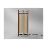 Kando P/111 Ribbon LED floor lamp with a pleated cream fabric cylinder shade, dark top disc, and wooden tripod frame, shown against a plain light background.