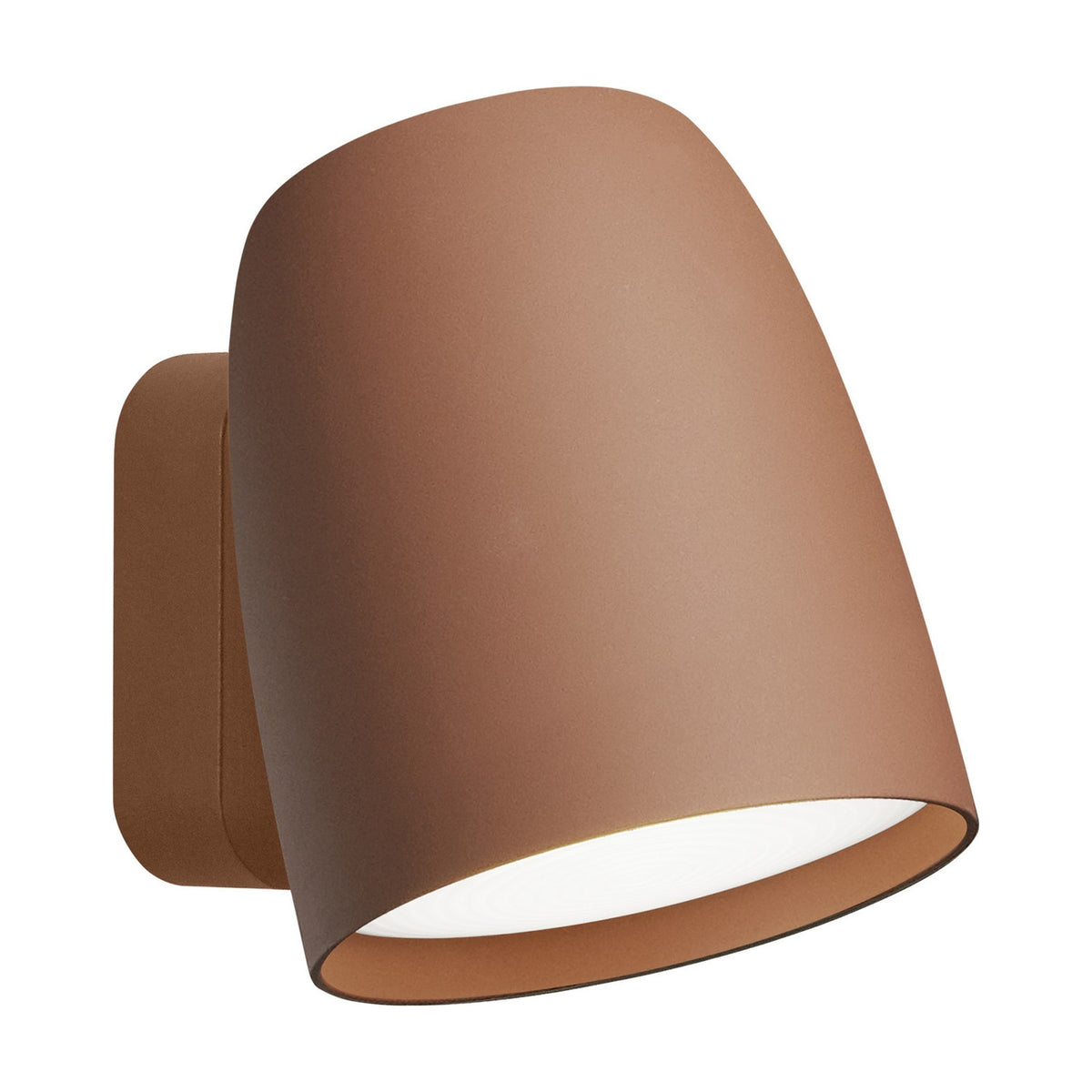 Nut A/01 outdoor wall light with a rounded, bell-shaped brown head on a slim rectangular wall plate, integrated LED glowing warm white from the open end, shown on a white background.